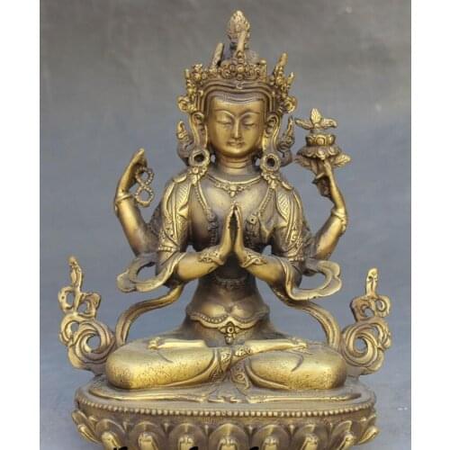 Zhmui88002841045++10" Chinese Buddhism Bronze 4 Arms Hands Guanyin Kwan-Yin Goddess Buddha Statue