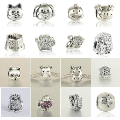 925 Sterling Silver Animal Cat Owls Snake Horse Cow Pig Head Robin Bird Majestic Swan I Love My Pets Fish Bone Meow Panda Charm