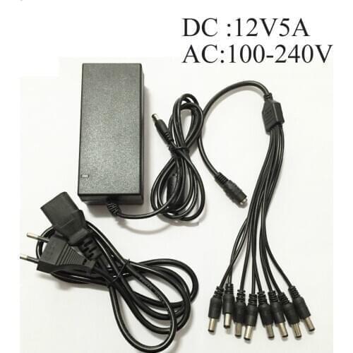 AC 100V--240V to DC 12V 5A Power Supply Adapter + 8 Split Power Cable for Analog AHD TVI CVI CCTV Security Camera DVR Systems