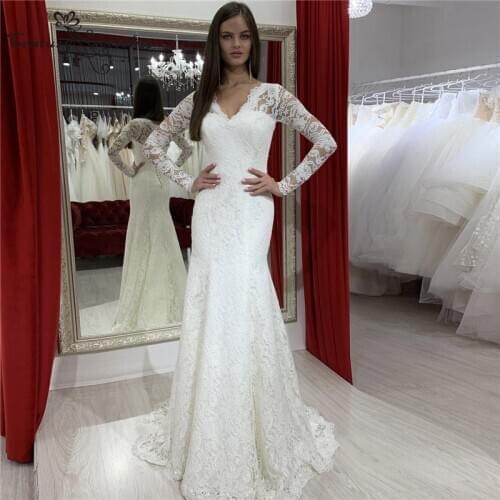 Boho Wedding Dresses Mermaid Bride Dress Long Sleeve V-Neck Corset Back Plus Size Bridal Gowns Simple Vestido De Noiva