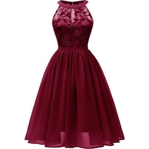 Burgundy Dress 2019 Women Hollow Out Sleeveless Sexy Ball Gown Dress Elegant Floral Pattern Lace Dresses Chiffon Vestido