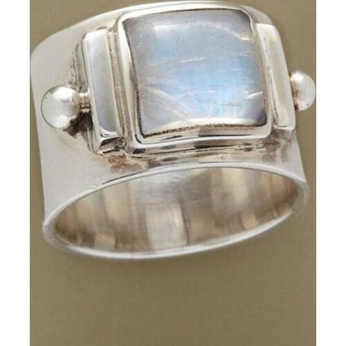 Victorian Style Solitaire Ring Silver Color Square Stone Rings For Women Men Antique Indian Moonstone Ring Statement Birthstone