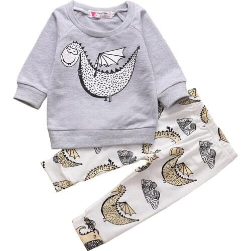 Newborn Baby Boys Clothes Set Cartoon Dinosaur Pattern Gray Long Sleeve Tops Casual Pants 2Pcs Autumn Outfits Infant Clothing