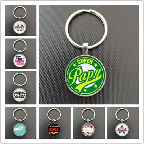 New Hot Super Mamie Round Pattern Glass Keyring Cabochon Gem Super Papy Dome Charm Cameo Car Keychain Pendant