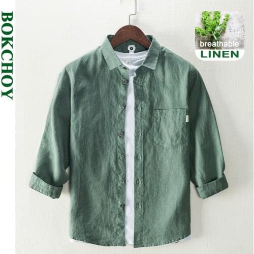 2021 Summer and Spring New Men Pocket Shirt Linen Casual Long Sleeve Solid Color Workwear White Green Royal Blue Top GC-L849