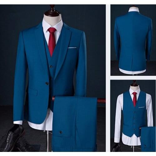 Mens Fashion Lake blue suits Formal Business Dress Suits Slim Fit Men Blazers 3 pieces suits Wedding Groom Prom Party Tuxedos