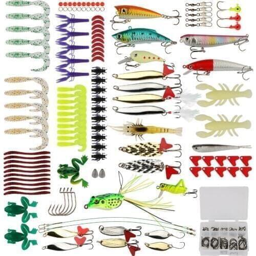 Goture Fishing Lure Kit 175pcs/Set Minnow Popper Crank Spinner Metal Spoon Lure Swivel Soft Bait Kit Fishing Tackle Box