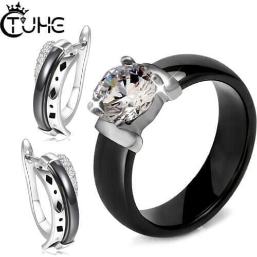 Healthy Ceramic Earrings Rings Set Fashion Jewelry Trendy Style Austrian Crystal Women Engagement Jewelry Sets Wedding Gift