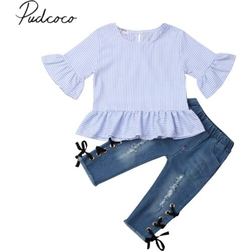 2019 Brand New Infant Kid Baby Girl 2PCS Sets Ruffles Sleeve Blue Striped T-Shirts Tops+Bandage Ripped Denim Pants 1-5Y Fashion