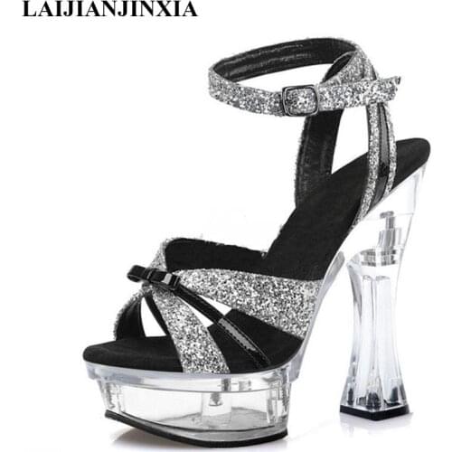 LAIJIANJINXIA New Glitter Sequin Stripper Heels Pole Dance Shoes Models Elegant Show 14 CM High Heels Platform Nightclub Sandals