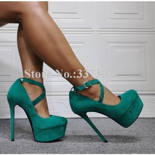 Woman Green Color Stiletto Heel Platform Pumps Shoes Fashion New Cross Strap Dress Shoes Lady Real Photos Party High Heels