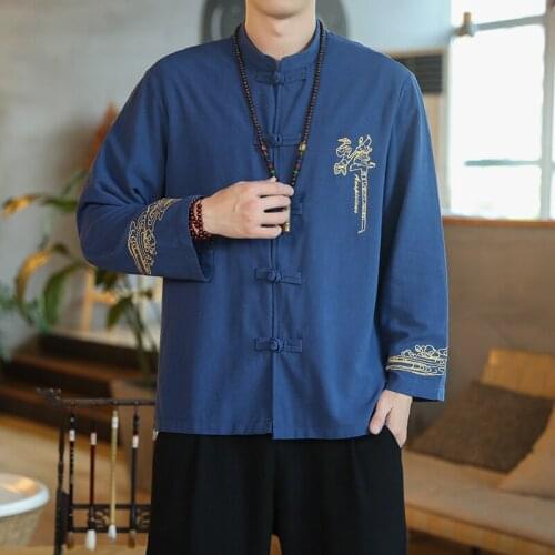 New Blue Cotton Hemp Zen Clothes In Oriental Style Linen Top Vintage Blouse Shirts For Mens Collar Chinese Embroidery Jackets
