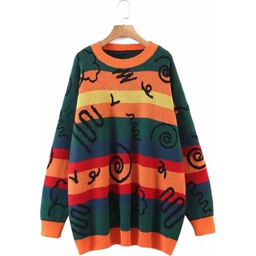 Autumn And Winter New 2020 Womens Lazy Rainbow Striped Pullover Loose Contrast Color Lollipop Graffiti Sweater
