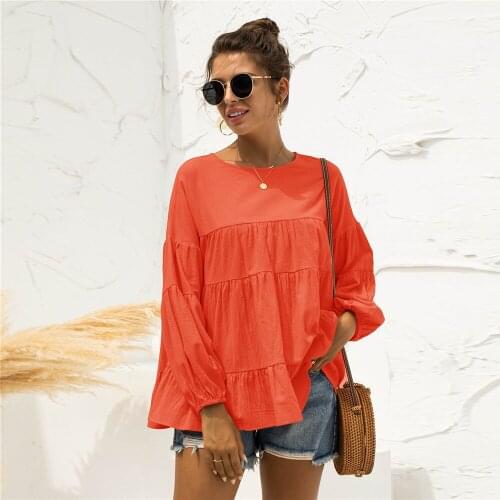 Women Spring Autumn Lantern Sleeve Solid Color Pullover Elegant New Casual Loose Patchwork Decor Fashion O-neck Tee Streetwear