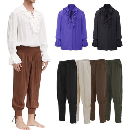 Renaissance Medieval Irish Peasant Pirate Costume Mens Knight Top Pant Cosplay