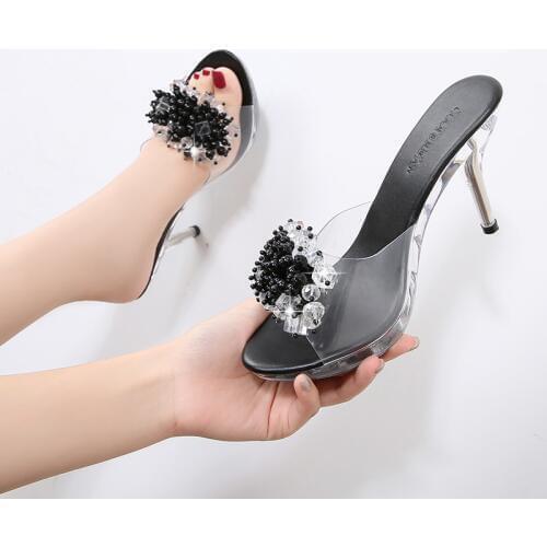 Heel Slippers Transparent Crystal bottom Pearl rhinestone Summer Sandals Female 9 cm Ladies High Heels Sexy Womens Shoes Black
