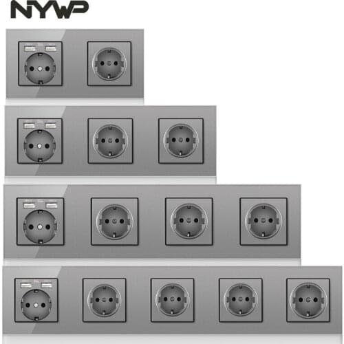 NYWP EU 3 frame power plug, 16a grounding power socket, with USB output, 258mm*86mm tempered crystal glass panel gray