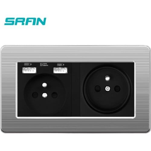 SRAN Brand 2 frame French EU Standard wall socket with usb charge 2 port hidden soft LED Indicator Stainless steel panel 146*86