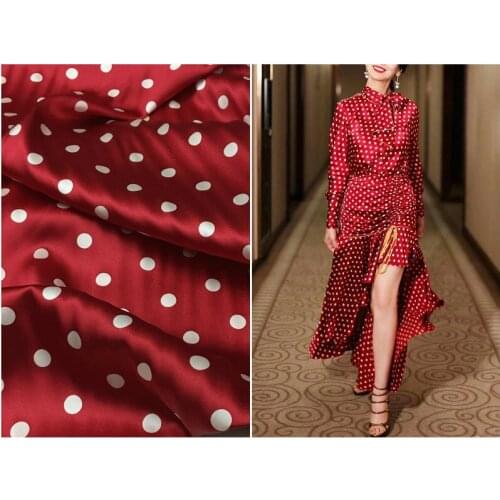Heavy silk fabric new summer 19mm red bottom white dot print stretch silkworm silk satin dress fabric