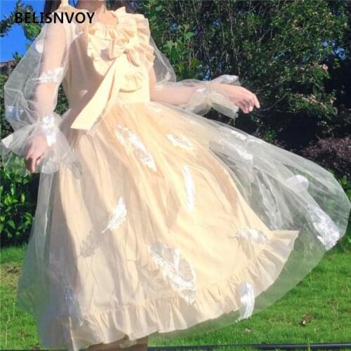 Japanese Soft Girl Lolita Dress Sweet Ruffles Bow Feather Embroidery Flare Sleeve Dress Fairy Elegant Kawaii Gauze Party Dress