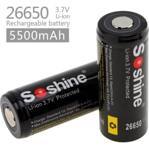 Soshine 26650 3.7V 5500mAh Protected Rechargeable Li-ion Lithium Battery with Box Power Sources