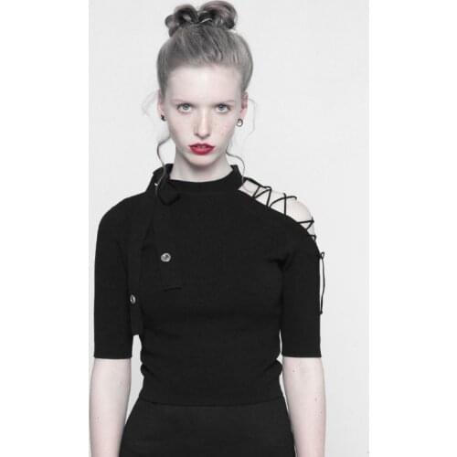 PUNKRAVE Womens Punk Strapless Imitate Ice Silk T-shirt Personality Shoulder Hollow-out Tied Rope Thin Slim Fit Tees