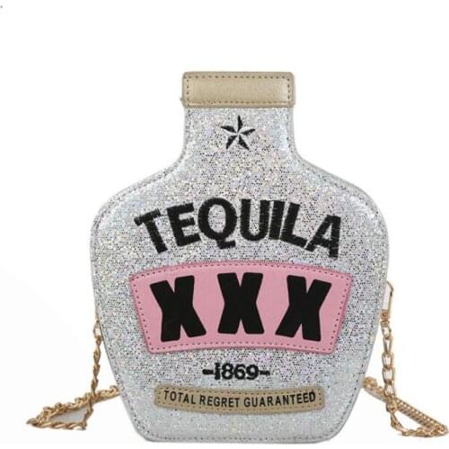 Fun Fashion Personality Sequined Embroidery Letter Bottle Shape Chain Shoulder Bag Ladies Handbag Crossbody Messenger Bag Purse