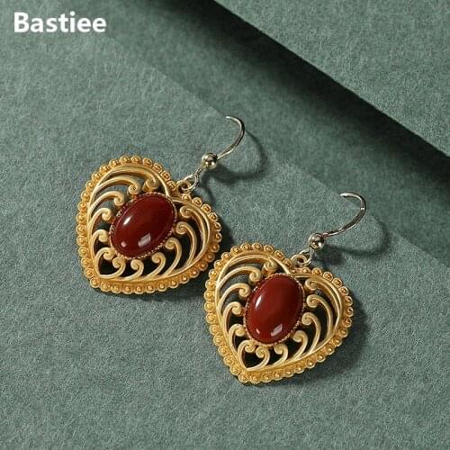 Bastiee Red Agate 925 Sterling Silver Heart Earrings For Women Drop Dangle Earings Fashion Jewelry Luxury Gifts Gold Plated