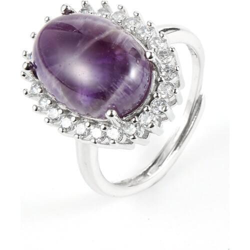 Women Natural Gem Stone Amethysts Crystal Ring Blue Onyx Opal Silver Plated Micro-Zircon Resizable Wedding Finger Rings Jewelry