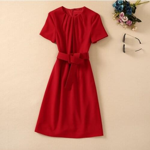 High Quality Brand New Work Dress 2021 Autumn Business Inspired Women O-Neck Belt Deco Short Sleeve Knee-Length Black Red Dress