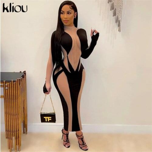 Kliou Sexy See Through Maxi Dress for Women Sheath Paisley Cleavage Long Sleeve Turtleneck Shaped Waist Clubwear Female Skirts