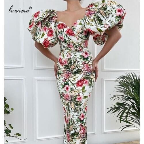 Elegant Floral Evening Dresses Mermaid Long Sexy Evening Gowns Puffy Sleeves Celebrity Dresses Photography Abiti Da Cerimonia