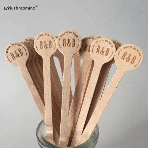 Custom Coffee Stirrer Wood Circle Cocktail Stirrers for Wedding Reception drunk in love