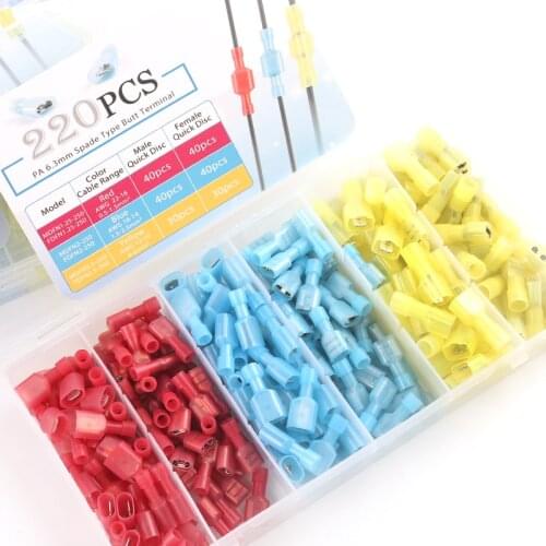 220PCS Boxed Butt Crimp Terminal Nylon Insulated Spade/bullet Type Electrical Male Female Wire Connector Terminals Splicing Kit