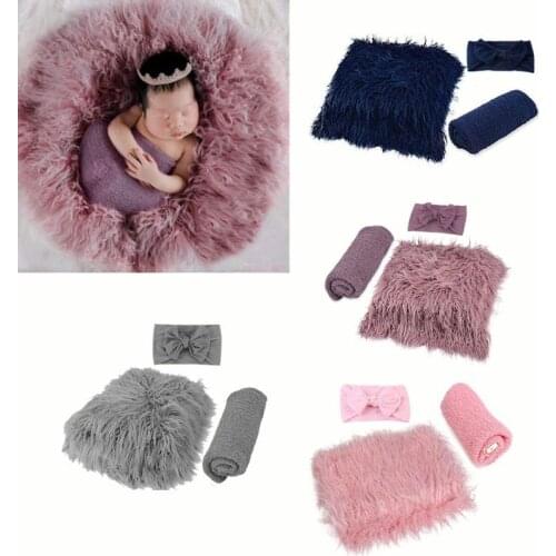 3PCS Newborn Photography Props Toddler Photo Blankets Wrap and Headband Long Ripple Wrap Photo Prop