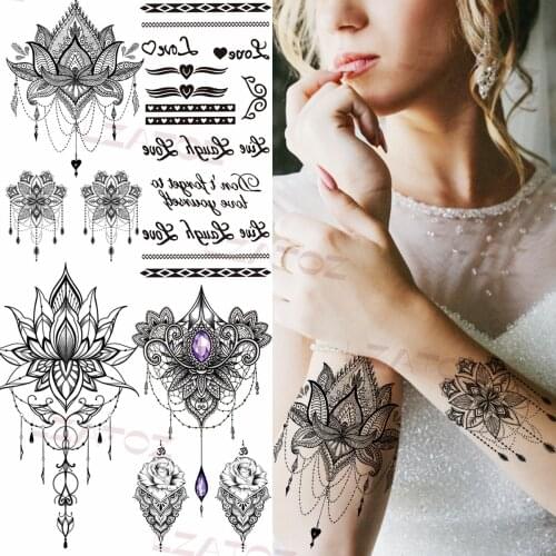 Black Henna Lace Lotus Temporary Tattoos For Women Adult Geometric Letter Love Fake Tattoo Sticker Forearm Neck Transfer Tatoo