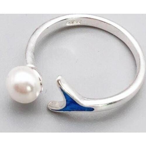 Literary Mermaid Pearl Fish Tail 925 Sterling Silver Sweet Personality Fashion Female Resizable Opening Rings SRI155