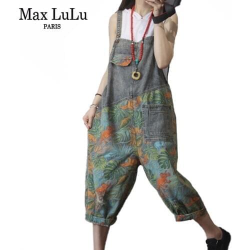 Max LuLu New 2020 Korean Fashion Ladies Summer Denim Trousers Women Floral Printed Jeans Female Vintage Overalls Pants Plus Size
