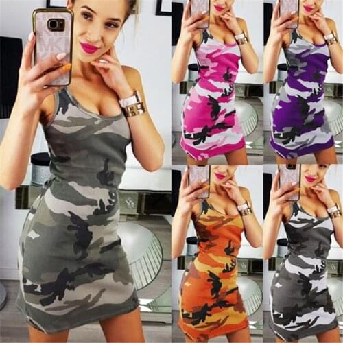 New Summer Fashion Women Sexy Tank Dress Slim Casual Camouflage O-Neck Print Splice Empire Mini Dresses