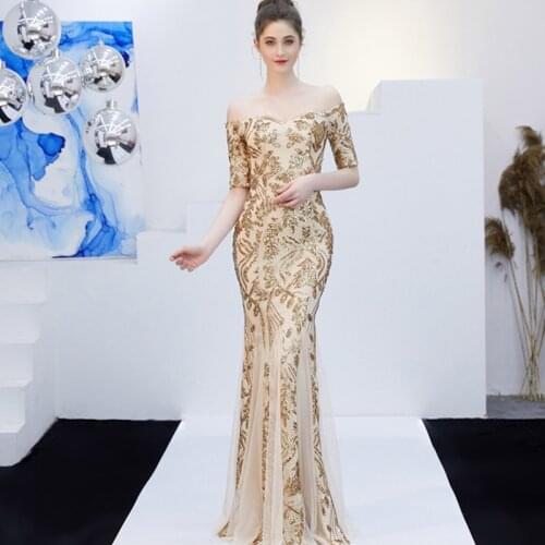 New year dress 2021 boat neck dress sexy sequin vestidos de gala zipper back mermaid floor length prom gown with sleeves