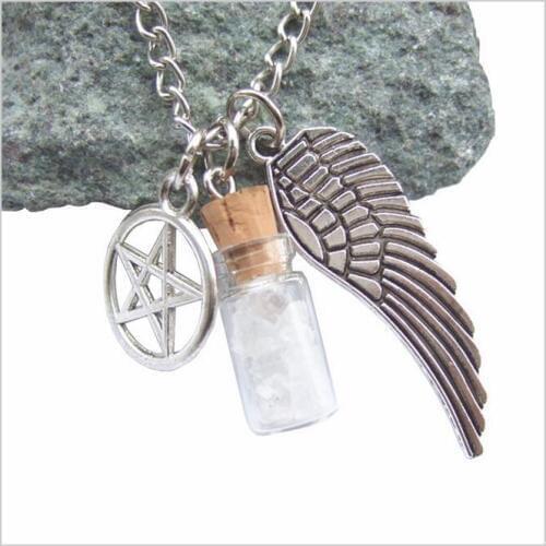Tone Supernatural Protection Necklace Angel Wing Pentagram With Salt Bottle Pendant Chain Necklace