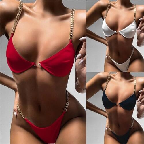 Sexy Women Solid Color Padded Front Closure Bra Briefs Chain Bikini Swimsuit Sexy Swimwear Bikini 2021 Swimsuit Set