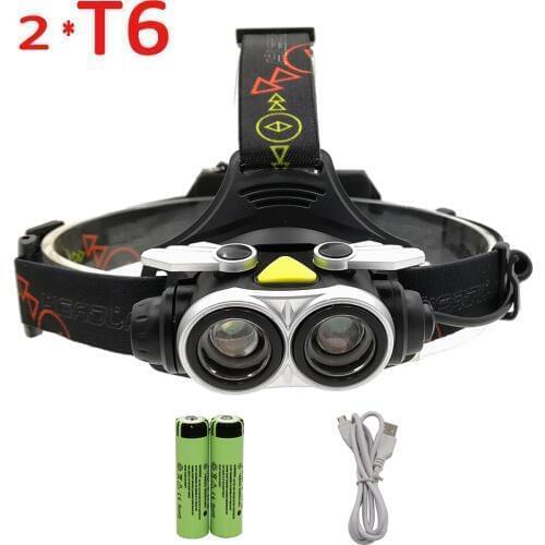 USB Rechargeable 2 x XM-L T6 LED Headlamp 2 LED Headlight Zooable flashlight Torch Lanterna +18650 Battery +Charger Cable
