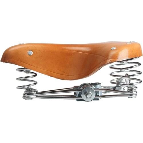 Vintage cow leather durable spring rail yellow road mtb Bicycle Saddle