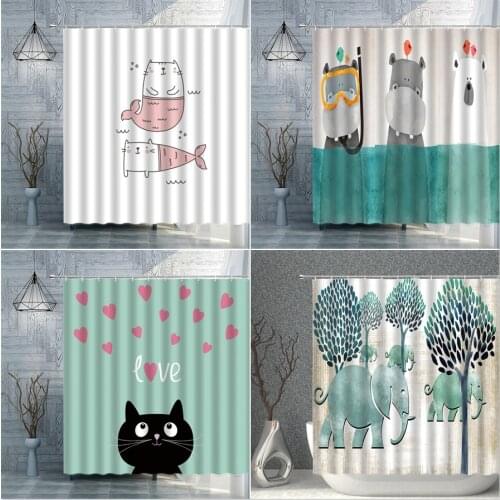 Cartoons Pattern Shower Curtains Elephant Birds Cats Heart-Shaped Trees Decorative Curtain Bathroom Polyester Waterproof Screens