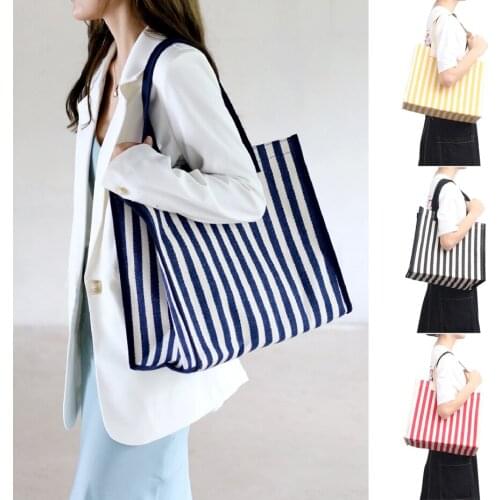 Women Canvas Tote Button Closure Simple Striped Shoulder Bag Casual Large Capacity Printed Shopping Bag for Daily Travel xqmg