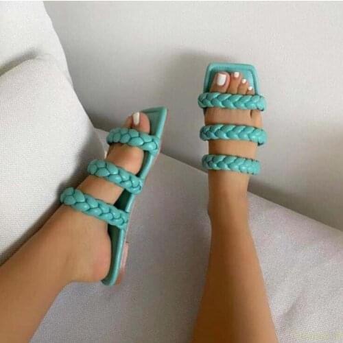 2021 summer women new flat-bottom beach sandals square-head woven twist three-layer large size outdoor all-match slippers