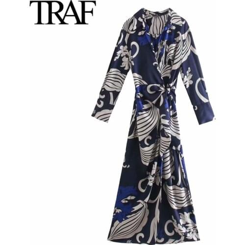 Traf Za Women Clothing Fall 2021 Printed Vintage MIDI Dress French Fashion Big Shirt Dresses Female Robe Vestido De Mujer