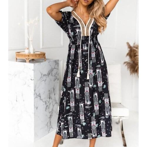 2021 Fashion Summer Boho Women Dress Printed Lace Rope V Neck Large Hem Dress for Beach Casual Female Sundress Ladies Vestidos