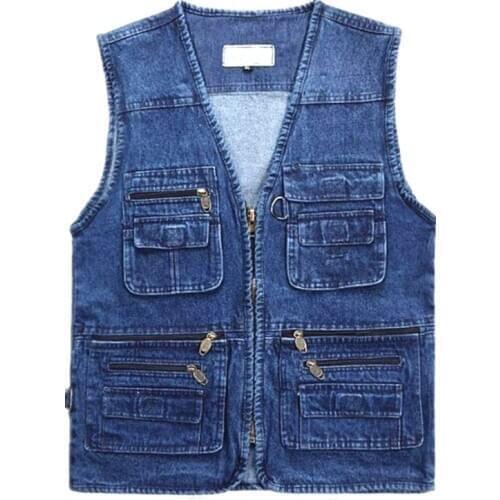 Big Size Fishing Vests V-Neck Multi Denim Work Vest Mens Solid Casual Waistcoat with Many Pockets Fishing Vest Sleeveless Jacket